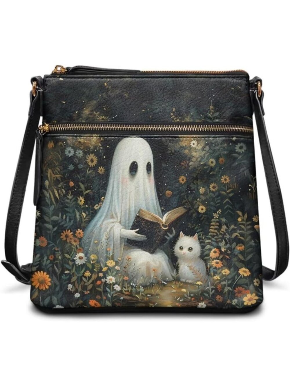 Womens Ghostly Cat Leather Large Hobo Sling Purse Cell Phone Crossbody Bag